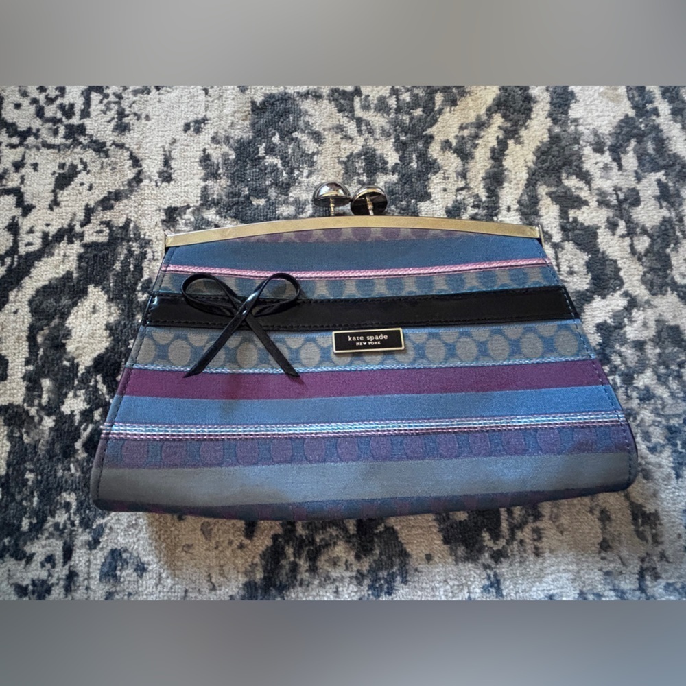 Kate Spade New York Satin Stripe Clutch Multicolor Kiss Lock Frame Purse Clutch